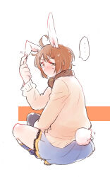 Rule 34 | ..., 1girl, ahoge, animal ears, assault lily, asymmetrical legwear, black thighhighs, blue skirt, blue socks, blush, brown cardigan, brown eyes, brown hair, cardigan, closed mouth, commentary request, from behind, full body, hand on own ear, hand up, headphones, headphones around neck, kawamura yuzuriha, kemonomimi mode, kneehighs, lace, lace-trimmed skirt, lace trim, long sleeves, looking at viewer, looking back, miniskirt, motion lines, nose blush, odaiba girls high school uniform, pleated skirt, rabbit ears, rabbit girl, rabbit tail, santouka, school uniform, short hair, single kneehigh, single sock, single thighhigh, sitting, skirt, socks, solo, speech bubble, spoken ellipsis, sweatdrop, tail, thighhighs, touching ears, uneven eyes, v-shaped eyebrows, white background