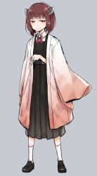 Rule 34 | 1girl, ayakura juu, blush, brown hair, coat, coat on shoulders, commentary request, dress, full body, grey background, happi, headgear, japanese clothes, loafers, looking at viewer, neck ribbon, red eyes, ribbon, shoes, simple background, sketch, smile, socks, solo, touhoku kiritan, voiceroid