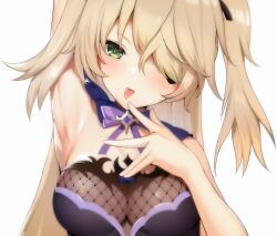 Rule 34 | armpits, blonde hair, eyepatch, fischl (genshin impact), fishnet top, fishnets, genshin impact, highres, mikhdrag, neck ribbon, ribbon, tongue, tongue out, twintails