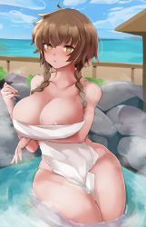 Rule 34 | 1girl, absurdres, amane suzuha, bare hips, bare legs, bare shoulders, between legs, braid, breast hold, breasts, brown hair, highres, huge filesize, looking at viewer, naked towel, nipples, nude, onsen, outline, solo, soveno, steins;gate, thighs, towel, yellow eyes