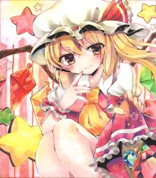 Rule 34 | 1girl, ascot, breasts, closed mouth, clothes lift, crystal, feet out of frame, finger to mouth, flandre scarlet, frilled ascot, frilled sleeves, frills, hair between eyes, hat, hat ribbon, highres, large wings, lifting own clothes, light smile, looking at viewer, medium hair, mob cap, multicolored wings, one side up, puffy short sleeves, puffy sleeves, red eyes, red ribbon, red skirt, red vest, ribbon, shirt, short sleeves, skirt, skirt lift, small breasts, solo, star (symbol), touhou, traditional media, vest, white hat, white shirt, wings, wrist cuffs, yellow ascot, yukkii (yukkii710)