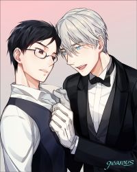 Rule 34 | 10s, 2boys, aqua eyes, artist name, black hair, bow, bowtie, brown eyes, formal, gearous, glasses, gloves, gradient background, katsuki yuuri, looking at another, male focus, multiple boys, open mouth, parted lips, pink background, shirt, signature, silver hair, suit, vest, viktor nikiforov, white gloves, white shirt, yuri!!! on ice