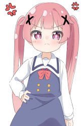 Rule 34 | &gt;:(, 1girl, anger vein, blue dress, blush, bow, closed mouth, commentary request, dress, frown, hair ornament, hand on own hip, highres, kapuru 0410, long hair, long sleeves, looking at viewer, pink hair, puffy long sleeves, puffy sleeves, purple eyes, red bow, shirt, simple background, sleeveless, sleeveless dress, solo, tanemura koyori, twintails, v-shaped eyebrows, very long hair, watashi ni tenshi ga maiorita!, white background, white shirt, x hair ornament