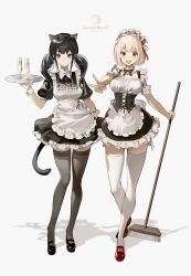 Rule 34 | 2girls, :d, absurdres, alternate costume, animal ears, apron, black corset, black dress, black footwear, black hair, black thighhighs, blonde hair, broom, cat ears, cat tail, champagne flute, commentary, corset, cup, detached sleeves, dress, drinking glass, enmaided, fake animal ears, frilled dress, frills, full body, hair ribbon, highres, holding, holding broom, holding tray, inoue takina, lycoris recoil, maid, maid headdress, mary janes, medium hair, multiple girls, nishikigi chisato, open mouth, puffy short sleeves, puffy sleeves, purple eyes, red eyes, red footwear, red ribbon, ribbon, shoes, short sleeves, shycocoa, simple background, smile, tail, thighhighs, tray, twintails, v, white apron, white background, white thighhighs