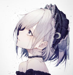 Rule 34 | 1girl, absurdres, bare shoulders, black eyes, buckle, collar, crescent, from side, grey background, hairband, highres, hito komoru, huge filesize, lolita hairband, looking away, looking up, off shoulder, original, pale skin, parted lips, profile, short hair, silver hair, simple background, solo, upper body