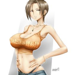 Rule 34 | 1girl, armpits, bad anatomy, breasts, brown hair, cleavage, covered erect nipples, denim, earrings, hand on own hip, huge breasts, japanese text, jewelry, necklace, panties, short hair, solo, tagme, unbalance, underwear