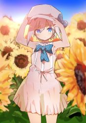 Rule 34 | 1girl, arms up, blue bow, blue eyes, blush, bow, caburi, closed mouth, day, dress, field, flower, flower field, grey hair, hair between eyes, hands on headwear, hat, hat bow, highres, looking at viewer, original, outdoors, panties, pink dress, pink hat, see-through, short hair, sky, solo, sunflower, sunflower field, underwear, white panties