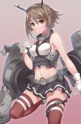Rule 34 | 10s, 1girl, bare shoulders, breasts, brown hair, gloves, headgear, kantai collection, large breasts, looking at viewer, midriff, miniskirt, mutsu (kancolle), navel, personification, ray-akila, red thighhighs, short hair, skirt, solo, thighhighs, white gloves