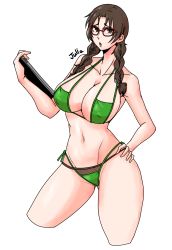 Rule 34 | 1girl, bikini, braid, breasts, brown eyes, brown hair, cleavage, escape1111, glasses, green bikini, hand on own hip, highres, holding, holding tablet pc, huge breasts, julia chang, namco, open mouth, swimsuit, tablet pc, tekken, tekken 7, white background