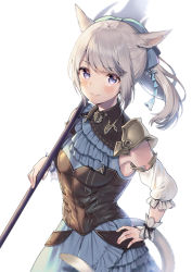 Rule 34 | 1girl, animal ears, armor, warrior of light (ff14), blue eyes, blush, bow, breasts, cat ears, cat tail, detached sleeves, final fantasy, final fantasy xiv, grey hair, hair bow, hand on own hip, holding, holding weapon, looking at viewer, medium breasts, midorikawa you, miqo&#039;te, ponytail, shoulder armor, slit pupils, smile, solo, swept bangs, tail, weapon, white background, wrist cuffs