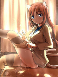 Rule 34 | 1girl, animal ears, blue eyes, brown hair, curtains, dressing, leg lift, long hair, no pants, orange eyes, outstretched leg, patricia schade, sandwich (artist), sitting, smile, solo, strike witches, strike witches: kurenai no majo-tachi, striped clothes, striped thighhighs, tail, thighhighs, thighhighs pull, tsuchii (ramakifrau), world witches series