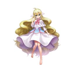 Rule 34 | 1girl, ahoge, artist request, barefoot, blonde hair, dress, fairy tail, full body, green eyes, hair between eyes, long hair, looking at viewer, mavis vermilion, official art, smile, solo, transparent background, valkyrie connect, very long hair, wavy hair