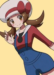 Rule 34 | 1girl, bow, brown eyes, brown hair, cabbie hat, creatures (company), game freak, hat, hat bow, long hair, lyra (pokemon), nintendo, overalls, pokemon, pokemon hgss, red bow, red shirt, shirt, shugara, smile, solo, twintails, white hat, yellow background