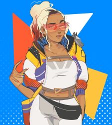 Rule 34 | 1girl, apex legends, blonde hair, blue background, breasts, collarbone, cosplay, crypto (apex legends), crypto (apex legends) (cosplay), dark-skinned female, dark skin, fanny pack, forehead, gold choker, hair behind ear, hype beast crypto, jacket, large breasts, looking at viewer, navel, pants, parted lips, solo, spikes, sunglasses, valiintine, white pants, yellow jacket