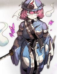 Rule 34 | 1girl, ;), absurdres, blue hat, blue kimono, breasts, bug, butterfly, closed mouth, commentary request, ghost, hat, highres, holding, holding sword, holding weapon, insect, japanese clothes, kimono, large breasts, long sleeves, looking at viewer, mob cap, one eye closed, piaki, pink hair, saigyouji yuyuko, smile, solo, sword, touhou, triangular headpiece, weapon, white background, wide sleeves