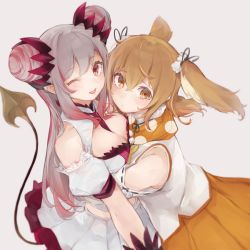 Rule 34 | 2girls, nanashi inc., animal ears, animare, bad id, bad twitter id, bare shoulders, between breasts, blush, breasts, brown eyes, brown hair, cleavage, closed mouth, crossover, demon girl, demon horns, demon tail, detached sleeves, from above, grey background, hair between eyes, honey strap, horns, hug, inaba haneru (animare), large breasts, long hair, long sleeves, looking at viewer, multicolored hair, multiple girls, necktie, necktie between breasts, pink hair, pointy ears, rabbit ears, red eyes, red neckwear, rippootai, silver hair, simple background, smile, suou patra, tail, virtual youtuber