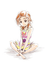 Rule 34 | 1girl, barefoot, belt, bow, bowtie, brooch, brown eyes, brown hair, closed mouth, collarbone, full body, futari wa precure splash star, hair ornament, hairclip, heart, heart brooch, hyuuga saki, indian style, jewelry, miniskirt, nita (onakatohoppe), precure, red bow, red bowtie, short hair, simple background, sitting, sketch, skirt, sleeveless, smile, solo, white background, yellow belt, yellow skirt