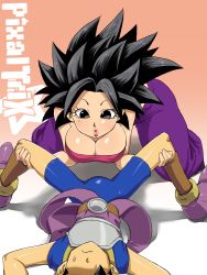 Rule 34 | 1boy, 1girl, artist name, bare shoulders, black eyes, black hair, bodysuit, breasts, cabba, caulifla, cleavage, dragon ball, dragon ball super, highres, kneeling, large breasts, lips, matching hair/eyes, parted lips, pixaltrix, spiked hair, two-tone background, white background