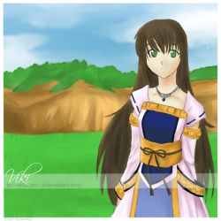 Rule 34 | 1girl, bad anatomy, blue sky, brown hair, character name, choker, day, field, gensou suikoden, gensou suikoden v, grass, green eyes, jewelry, long hair, long sleeves, looking at viewer, outdoors, pendant, poorly drawn, robe, sky, smile, solo, standing, viki, viki (suikoden)