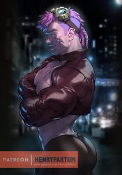 Rule 34 | 1boy, absurdres, ass, bad id, bad twitter id, bara, bike shorts, black shorts, braid, bulge, cowboy shot, cropped jacket, crossed arms, from side, genderswap, genderswap (ftm), goggles, goggles on head, henry partum, highres, jacket, large pectorals, league of legends, leather, leather jacket, looking at viewer, male focus, medium hair, multiple braids, muscular, muscular male, paid reward available, pectoral lift, pectorals, pink hair, shorts, shrug (clothing), sideburns, smug, solo, thick thighs, thighs, undercut, vi (league of legends)