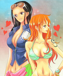 Rule 34 | 2girls, :p, absurdres, bangle, bikini, bikini top only, black hair, bracelet, breasts, cleavage, commentary request, crop top, earrings, eyewear on head, heart, highres, himerinco, jewelry, large breasts, log pose, long hair, midriff, multiple girls, nami (one piece), navel, nico robin, one piece, orange eyes, orange hair, pink sarong, print sarong, purple eyes, sarong, smile, sparkle, sunglasses, swimsuit, tattoo, tongue, tongue out, upper body