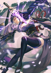 Rule 34 | 1girl, arm guards, braid, breasts, cherry blossoms, commentary, electricity, floating hair, full body, genshin impact, geta, glowing, glowing sword, glowing weapon, human scabbard, japanese clothes, katana, kimono, long hair, low-braided long hair, low-tied long hair, medium breasts, mitsudomoe (shape), obi, obiage, obijime, parted lips, petals, purple eyes, purple hair, purple kimono, purple thighhighs, raiden shogun, rope, sash, sidelocks, solo, sword, tassel, thighhighs, thighs, tomoe (symbol), vision (genshin impact), weapon, yamahara
