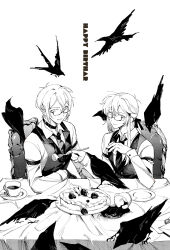 Rule 34 | 21 ke, 2boys, bird, cake, chair, chinese commentary, closed mouth, collar, collared shirt, commentary request, crow, cup, drink, food, fork, fruit, glasses, hair between eyes, hands up, highres, holding, holding fork, long hair, long sleeves, looking at viewer, male focus, messy hair, mole, mole under eye, monochrome, multiple boys, necktie, on chair, open mouth, original, partial commentary, plate, saucer, semi-rimless eyewear, shirt, short hair, sitting, sleeve garter, smile, spill, strawberry, table, teacup, under-rim eyewear, vest, waistcoat