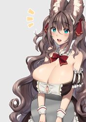 Rule 34 | 1girl, absurdres, animal, aqua eyes, blush, breasts, brown hair, bursting breasts, cleavage, demon horns, dress, fox girl, grey background, hair intakes, highres, horns, huge breasts, large breasts, long hair, maid, mofucino, open mouth, original, out of frame, simple background, solo, very long hair, wavy hair