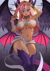 Rule 34 | 1girl, armband, bandages, bare shoulders, belly piercing, breasts, chain, cross, curvy, detached collar, dragon girl, dragon horns, dragon tail, egyptian, eye of horus, eye tattoo, fangs, feathered wings, feathers, female focus, fingernails, functionally nude, gold, grave, graveyard, green eyes, hands up, harpy, horns, indie virtual youtuber, large breasts, looking at viewer, monster girl, multiple wings, naked bandage, pink hair, purple fur, sharp fingernails, smile, solo, tail, tattoo, teeth, trickywi, upper teeth only, usekh collar, wings
