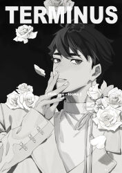 Rule 34 | 1boy, absurdres, bishounen, character request, chinese commentary, coattails, collared jacket, collared shirt, commentary request, copyright name, cover, english text, eyelashes, fake magazine cover, fingernails, flower, greyscale, haikyuu!!, hand on own face, highres, jacket, lips, long sleeves, looking at viewer, magazine cover, male focus, monochrome, neck ribbon, parted lips, petals, ribbon, rose, rose petals, shirt, short hair, simple background, sleeves past wrists, solo, thick eyebrows, upper body, xiao qi (sakugawa996)