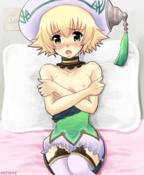 Rule 34 | .hack//, .hack//g.u., 00s, 1girl, atoli, atoli (.hack//), bandai, bed, blonde hair, bloomers, blush, choker, covering privates, cyber connect 2, embarrassed, flat chest, hat, lowres, mono96, open mouth, pillow, short hair, sitting, skirt, solo, thighhighs, topless, white bloomers, yellow eyes