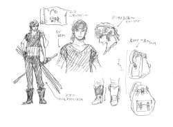 Rule 34 | 1boy, character sheet, full body, highres, holding, holding sword, holding weapon, katana, monochrome, multiple views, official art, one piece, one piece: strong world, roronoa zoro, short hair, sword, translation request, weapon