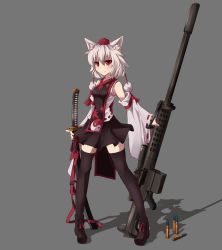 Rule 34 | 1girl, a-lapin, absurdres, animal ears, anti-materiel rifle, barrett m82, black skirt, black thighhighs, boots, breasts, cartridge, detached sleeves, full body, grey background, gun, highres, inubashiri momiji, katana, miniskirt, red eyes, rifle, shadow, shirt, skirt, sleeveless, sleeveless shirt, small breasts, smile, sniper rifle, solo, sword, tabard, tail, thighhighs, touhou, weapon, white hair, wide sleeves, wolf ears, wolf tail, zettai ryouiki