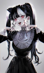 Rule 34 | 1girl, :d, absurdres, barbell piercing, black hair, black nails, blush, dress, ear piercing, earrings, eyelashes, eyeliner, fangs, goth fashion, gothic lolita, heart, heart-shaped pupils, highres, industrial piercing, jewelry, lolita fashion, long hair, looking at viewer, makeup, maria (maria rose), nail polish, necklace, open mouth, original, pale skin, piercing, red eyes, ring, smile, solo, symbol-shaped pupils, teeth, tongue, tongue out, twintails