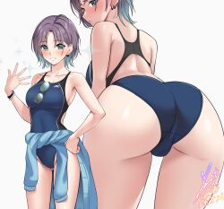 Rule 34 | 1girl, ahoge, aqua hair, asakura toru, ass, back cutout, bare legs, blue cardigan, blue one-piece swimsuit, blush, bracelet, breasts, cardigan, cardigan around waist, clothes around waist, clothing cutout, commentary request, commission, competition swimsuit, dated, earrings, eyewear hang, feet out of frame, fingernails, glasses, gradient hair, grey-framed eyewear, highres, idolmaster, idolmaster shiny colors, jewelry, looking at viewer, medium breasts, multicolored hair, multiple views, nail polish, one-piece swimsuit, purple hair, short hair, signature, simple background, smile, sparkle, swimsuit, unworn eyewear, white background, yoo tenchi