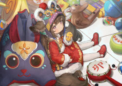 Rule 34 | 1girl, amagi-chan (azur lane), animal, animal ears, animal hood, azur lane, bird, brown hair, chick, chinese clothes, chinese commentary, commentary request, douya (233), dress, drum, eyeliner, fox ears, fox girl, fox tail, full body, fur-trimmed dress, fur-trimmed sleeves, fur trim, holding, holding animal, hongbao, hood, instrument, looking at viewer, makeup, manjuu (azur lane), marble (toy), multiple tails, pantyhose, rattle drum, red dress, red footwear, sitting, spinning top, stuffed animal, stuffed toy, tail, tamagotchi, thick eyebrows, tile floor, tiles, toy, vest, whistle, white pantyhose, yellow vest