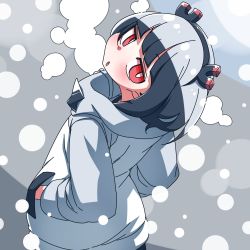 Rule 34 | 1girl, black hair, black hairband, blush, commentary request, from behind, grey hair, hairband, hands in pockets, hanya (hanya yashiki), head tilt, highres, jacket, jitomi monoe, long sleeves, looking at viewer, looking back, magnet, parted lips, red eyes, solo, upper body, virtual youtuber, voms, white jacket