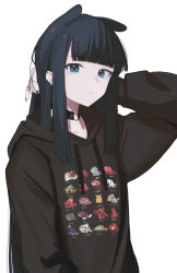 Rule 34 | 1girl, absurdres, alternate costume, alternate eye color, arm at side, arm behind head, black hair, black nails, blue eyes, blunt bangs, choker, closed mouth, earrings, goth fashion, highres, hololive, hololive english, hood, hoodie, jewelry, ku roiko, light frown, long hair, looking at viewer, mole, mole under eye, nail polish, ninomae ina&#039;nis, o-ring, o-ring choker, print hoodie, sidelocks, simple background, solo, upper body, very long hair, virtual youtuber, white background