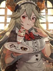 Rule 34 | 1girl, :p, alternate costume, apron, bow, bowtie, commentary, cookie, draph, dress, enmaided, food, food on hand, granblue fantasy, grey hair, gyoju (only arme nim), highres, horns, long hair, looking at viewer, maid, maid apron, maid headdress, parfait, red eyes, short sleeves, solo, threo (granblue fantasy), tongue, tongue out, tray, wrist cuffs