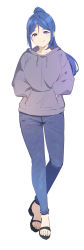 Rule 34 | 1girl, alternate costume, blue hair, blue pants, blush, closed mouth, crossed ankles, denim, full body, grey hoodie, hand in pocket, high ponytail, highres, hood, hoodie, jeans, long hair, looking at viewer, love live!, love live! sunshine!!, matsuura kanan, pants, purple eyes, sandals, sato uma, simple background, smile, solo, standing, tachi-e, white background