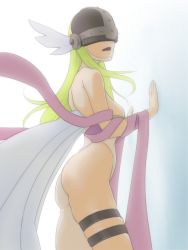 Rule 34 | 1girl, angel, angewomon, ass, asymmetrical legwear, bandai, bare shoulders, blonde hair, breasts, covered eyes, covered face, cowboy shot, digimon, digimon (creature), feathers, female focus, from side, hand on wall, helmet, large breasts, long hair, muramura hito, revealing clothes, skindentation, solo, uneven legwear, white legwear, winged helmet, wings