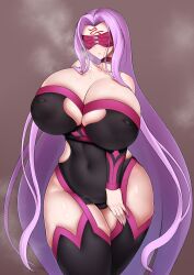 Rule 34 | 1girl, alternate breast size, arm under breasts, bare shoulders, black dress, black footwear, blindfold, boots, breasts, cleavage cutout, clothing cutout, collar, collarbone, covered erect nipples, covered navel, dress, facial mark, fate/grand order, fate (series), forehead mark, gorio4288, highres, huge breasts, inverted nipples, long hair, medusa (fate), medusa (rider) (fate), medusa (rider) (third ascension) (fate), mole, mole on breast, pink blindfold, pink collar, purple hair, simple background, solo, steaming body, strapless, strapless dress, thigh boots, thighhighs, two-tone dress, two-tone footwear, two-tone leotard, very long hair