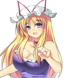 Rule 34 | 1girl, blonde hair, breasts, clenched hand, collarbone, dress, covered erect nipples, hat, highres, jewelry, large breasts, long hair, looking at viewer, mob cap, mokkori9, off shoulder, purple dress, purple eyes, ring, smile, solo, solo focus, tears, touhou, yakumo yukari