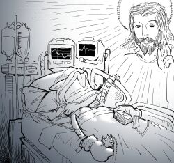 Rule 34 | 2boys, animal nose, beard, bed, bible (object), book, cardiogram, closed eyes, cross, cross necklace, crossover, facial hair, furry, furry male, gloves, greyscale, halo, hand up, highres, holding, holding book, holding jewelry, holding necklace, intravenous drip, jesus, jewelry, latin cross, looking at another, male focus, medium hair, monochrome, multiple boys, nasal cannula, necklace, open mouth, oxygen mask, pillow, short hair, sidelocks, sideways mouth, sketch, sonic (series), sonic the hedgehog, spiked hair, taikodon, the bible, under covers