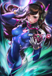 Rule 34 | 1girl, acronym, animal print, armor, blue bodysuit, bodysuit, boots, bracer, breasts, breasts apart, brown eyes, brown hair, closed mouth, cowboy shot, d.va (overwatch), deviantart username, drone, eyelashes, facepaint, facial mark, gloves, hand to head, hand up, headphones, heart, high collar, legs together, lipstick, long hair, long sleeves, looking at viewer, makeup, mecha, medium breasts, meka (overwatch), overwatch, overwatch 1, pauldrons, pilot suit, pink lips, rabbit print, ribbed bodysuit, robot, sakimichan, serious, shiny clothes, shoulder armor, shoulder pads, skin tight, solo, spoken heart, swept bangs, thigh boots, thigh strap, thighhighs, tumblr username, turtleneck, watermark, web address, whisker markings, white footwear, white gloves