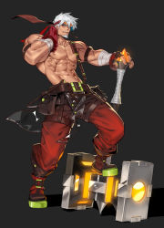 Rule 34 | 1boy, abs, alternate costume, armband, bandaged arm, bandages, bara, black background, boots, facial hair, gyee, hammer, headband, highres, large pectorals, leather, leather belt, loincloth, looking at viewer, male focus, manly, mature male, muscular, muscular male, na insoo, niko (na insoo), nipples, no shirt, original, pants, pectorals, red eyes, see-through, short hair, simple background, solo, spiked hair, stubble, teeth, thick arms, veins, veiny arms, weapon, white hair