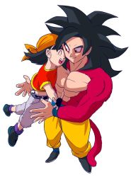 Rule 34 | 1boy, 1girl, abs, bandana, belt, black belt, black footwear, black gloves, black hair, body fur, chain, closed eyes, crop top, denim, dragon ball, dragon ball gt, fingerless gloves, flat chest, floating hair, from above, full body, gloves, grandfather and granddaughter, happy, heads together, highres, jeans, kz (dbz kz), looking at another, midriff, monkey tail, no nipples, open mouth, orange bandana, pan (dragon ball), pants, pectorals, purple legwear, shoes, short hair, short sleeves, simple background, socks, son goku, spiked hair, super saiyan, super saiyan 4, tail, teeth, upper teeth only, white background, yellow eyes, yellow pants