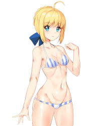 Rule 34 | 1girl, artoria pendragon (all), artoria pendragon (fate), bikini, blonde hair, blue eyes, blue ribbon, braid, breasts, cleavage, cowboy shot, fate/stay night, fate (series), hair ribbon, hip focus, navel, ribbon, saber (fate), shovelwall, shovelwell, simple background, small breasts, smile, solo, stomach, striped bikini, striped clothes, swimsuit