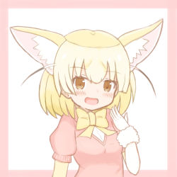 Rule 34 | 1girl, :d, animal ear fluff, animal ears, blonde hair, blush, bow, breasts, brown eyes, commentary request, elbow gloves, fennec (kemono friends), fox ears, gloves, hand up, highres, kemono friends, looking at viewer, multicolored hair, open mouth, pink background, pink sweater, puffy short sleeves, puffy sleeves, shirt, short sleeves, small breasts, smile, solo, sunanuko (ramuneko), sweater, two-tone background, two-tone hair, white background, white gloves, white shirt, yellow bow