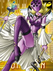 Rule 34 | 1girl, ass, blonde hair, breasts, cleavage, colored skin, digimon, digimon (creature), digimon collectors, female focus, fishnet legwear, fishnets, frilled skirt, frilled sleeves, frills, hat, hetero, hidden eyes, high heels, leg lift, legs, lotusmon, lowres, midriff, monster girl, nail polish, navel, nurse cap, official art, panties, pantyshot, purple panties, purple skin, shoes, skirt, solo, staff, underwear